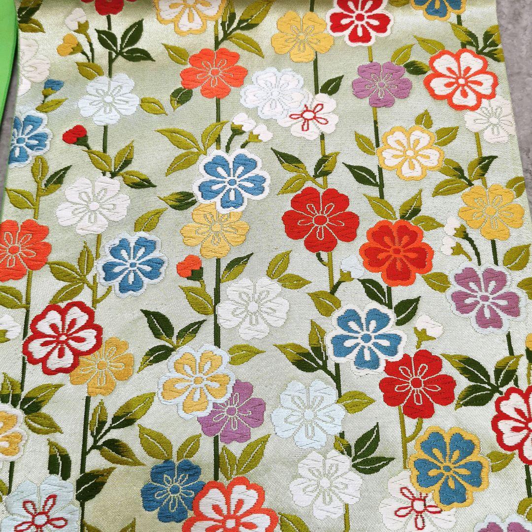 お花畑】レアなグリーン カラフルお花畑な 贅沢 唐織 袋帯