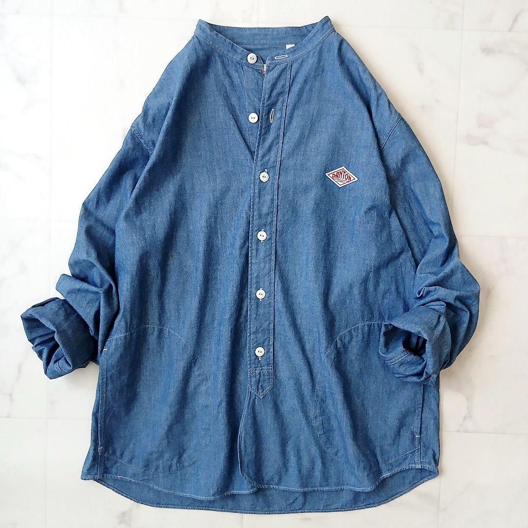 美品 ダントン 日本製 バンドカラー デニムシャツ シャンブレー 40