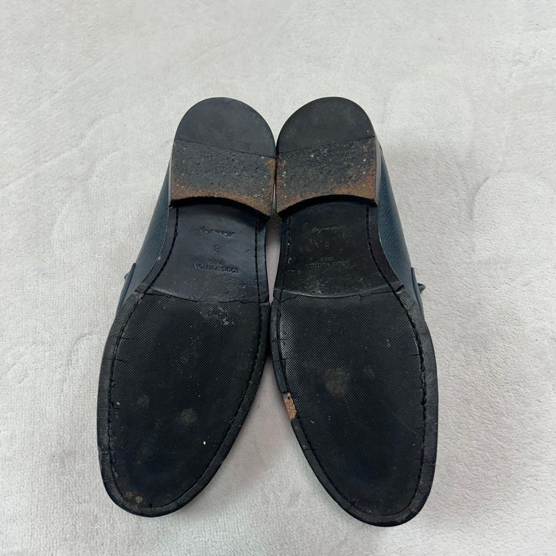 K640 27.0cm ルイヴィトン ロゴ金具 ローファー ネイビー メンズ