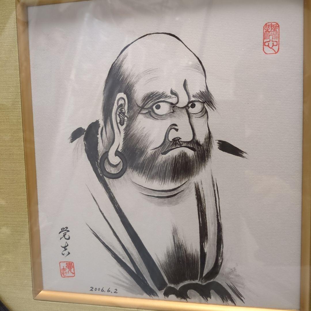 達磨大師 墨絵 アート作品 2006年制作 色紙 縁起物 絵画 額付き丸型