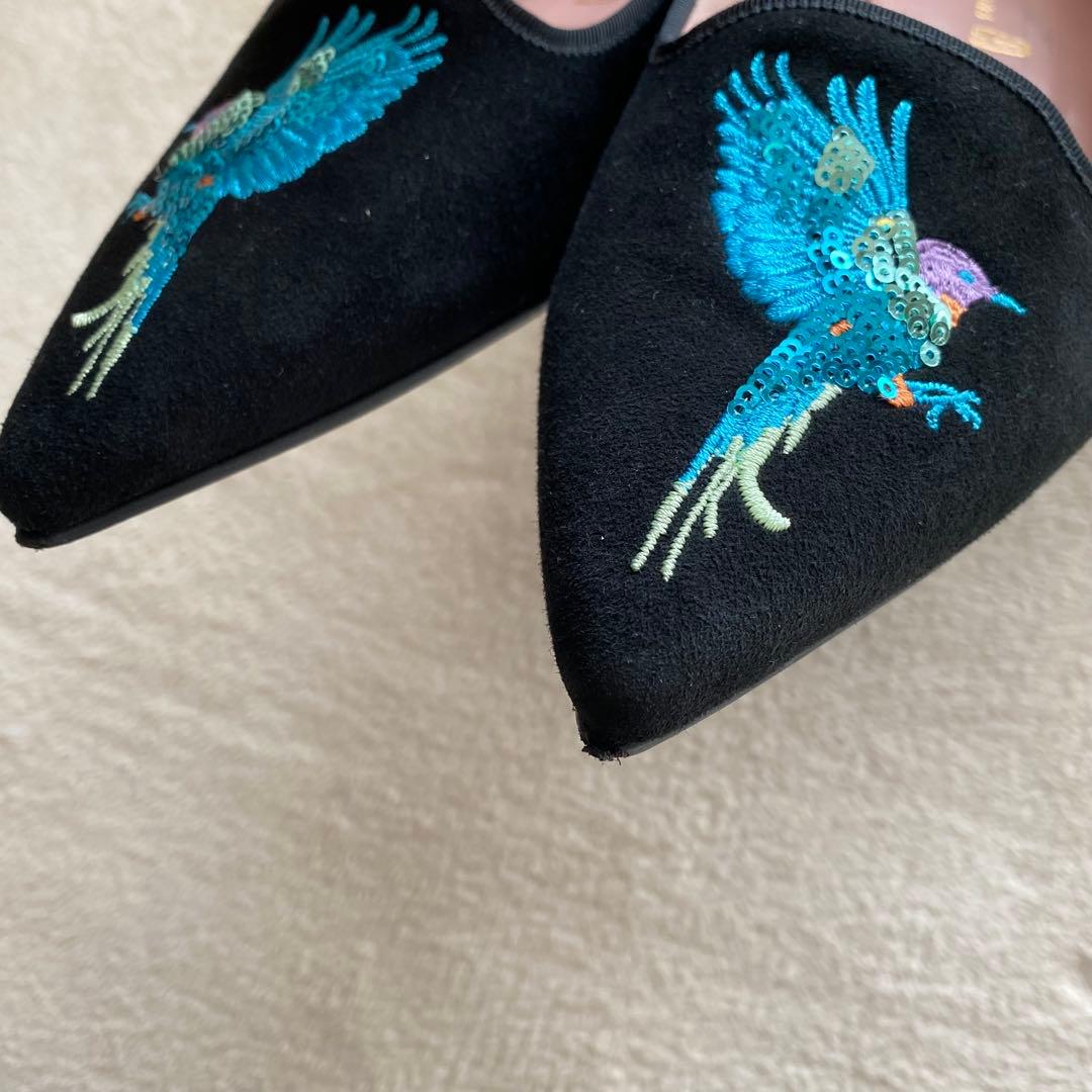 プリティバレリーナ 鳥刺繍 ブラック スエード フラットシューズ 希少 25cm