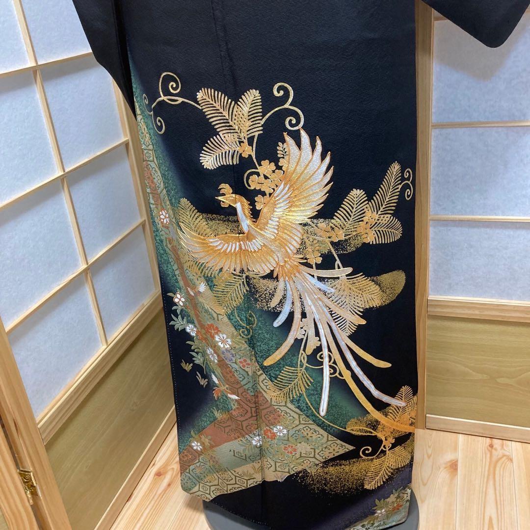 1003］黒留袖 美品 鳳凰蜀江 比翼付 五つ紋 違柏 金彩 正絹 着物 袷