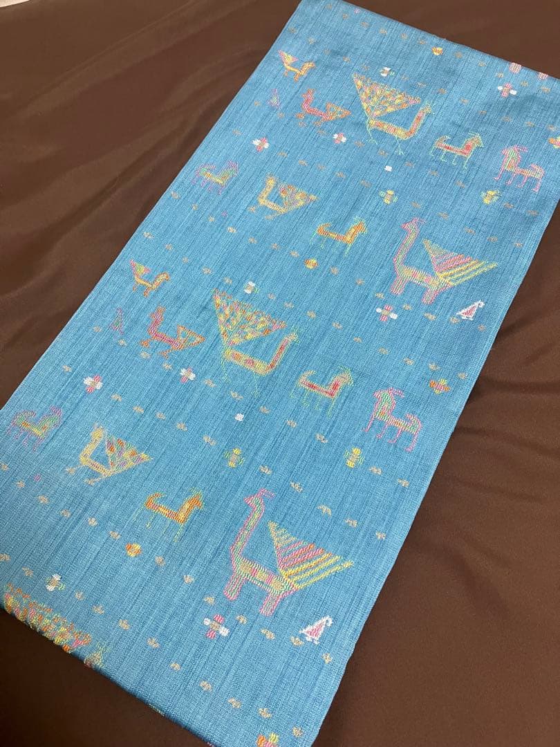 正絹 洒落袋帯 西陣織 異国情緒の可愛らしい動物文様／キリム調 青