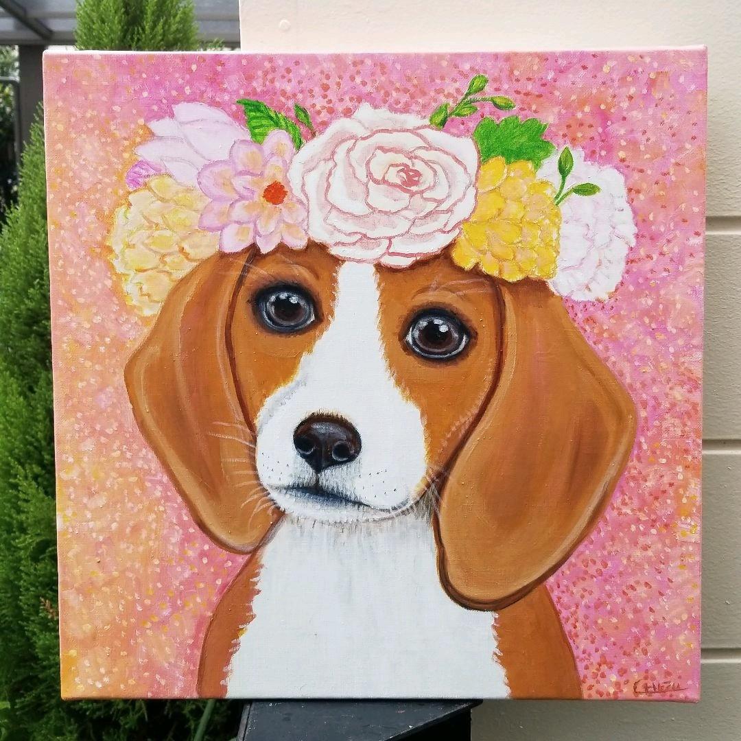 油絵　専用 花冠のかわいいビーグル犬 油絵 専用 花冠のかわいいビーグル犬 油絵 専用 花冠のかわいい