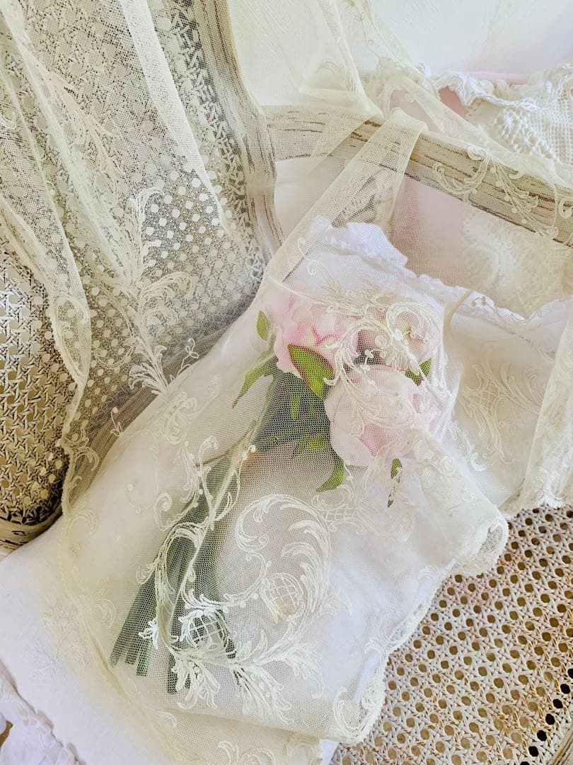 フランスアンティークコーネリー刺繍チュールレースカーテン※ロカイユ