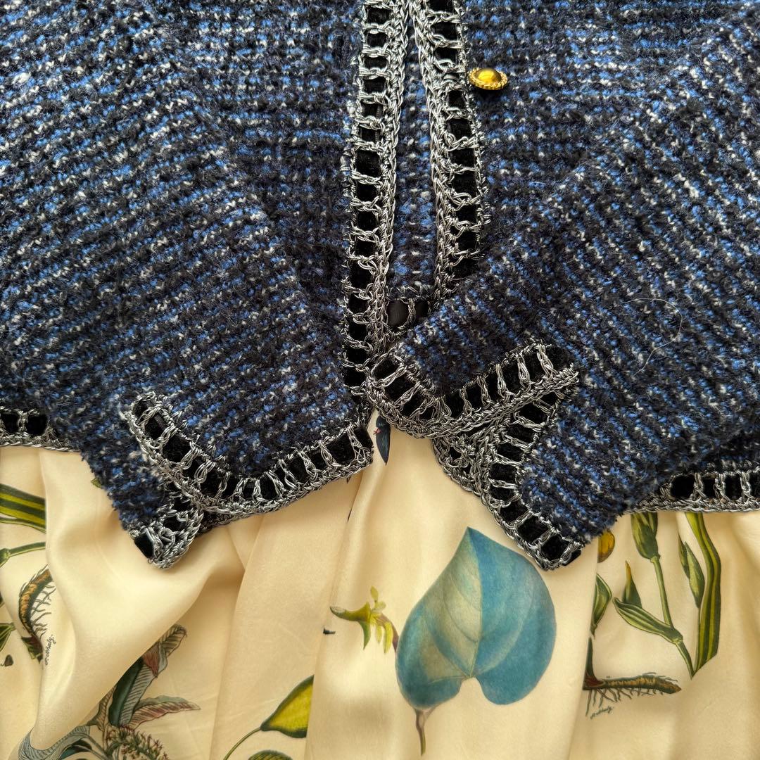 ルルウィルビー 金ボタン ツイード ニット ノーカラー ジャケット