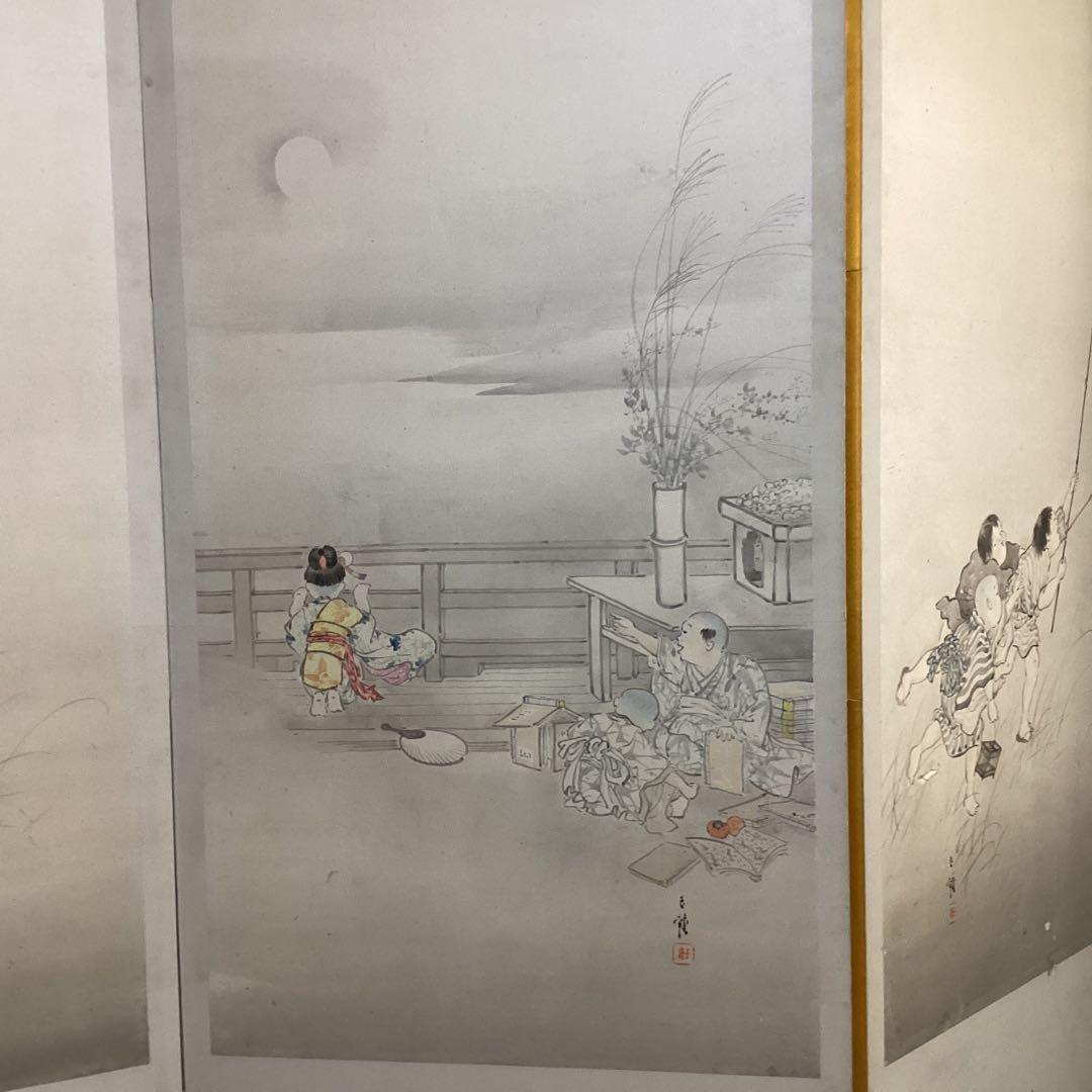 O-34日本の伝統的な屏風 子供遊びの図①六曲一双