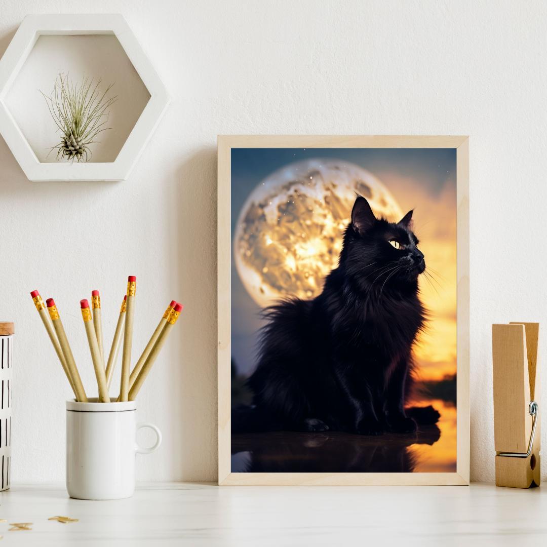 CAT34】黒猫満月の絵 くろねこ ネコ写真 月夜の黒猫 - メルカリ