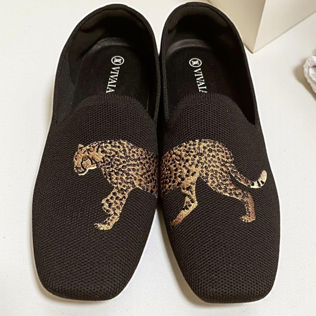 美品 VIVAIA スクエアトゥ ニット パンプス チーター ブラック 37