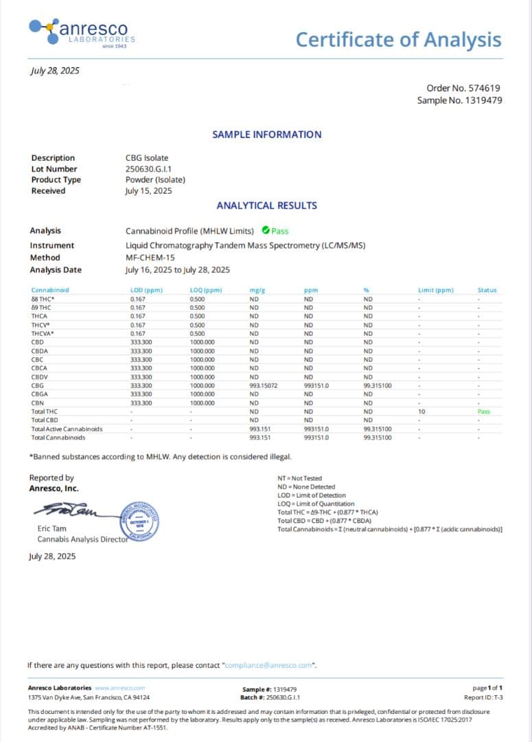 値下げ中【CBGアイソレート 3g】純度99%以上／欧州産／食品通関＆新