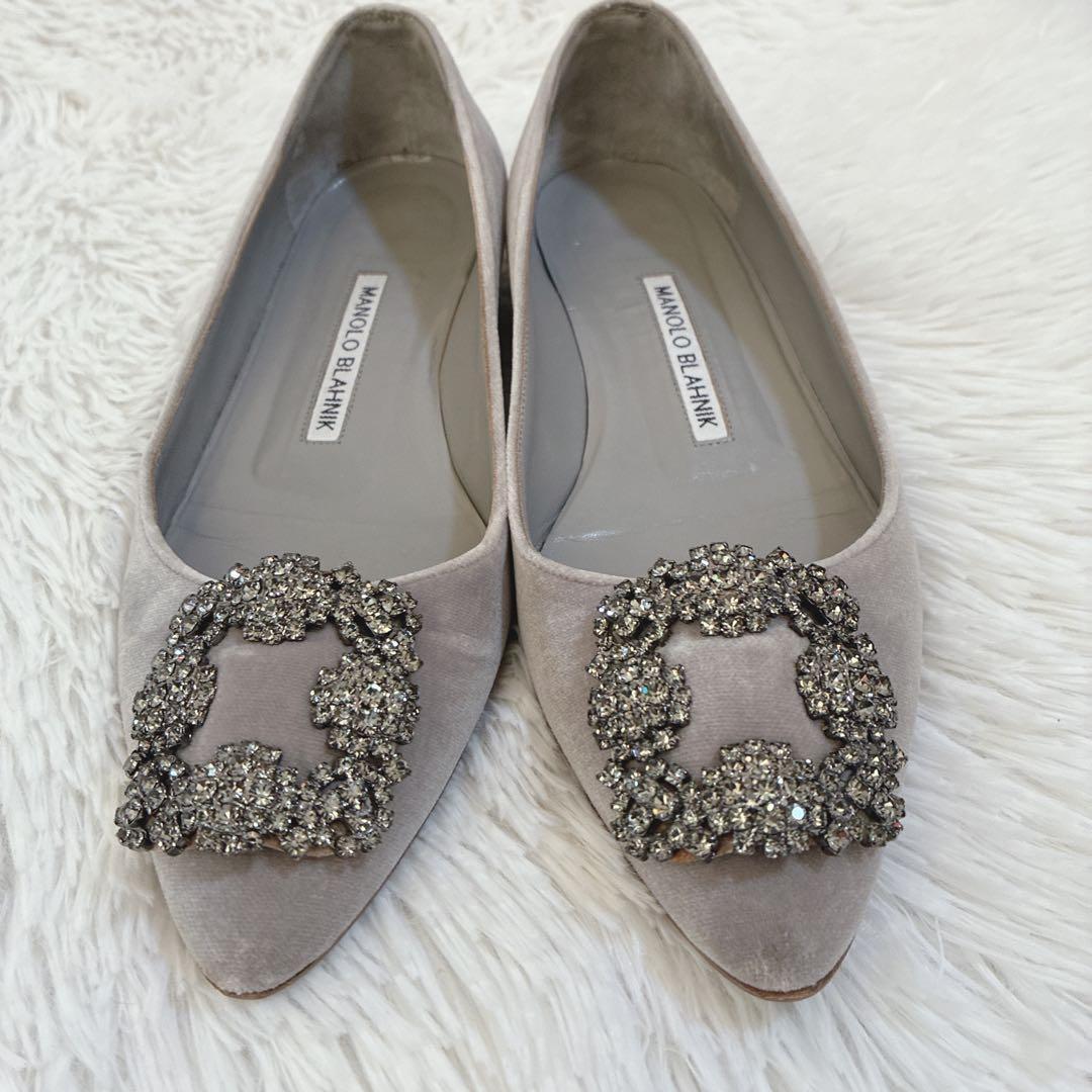 マノロブラニク ハンギシ ビジュー ベロア 35 パンプス 22cm グレー