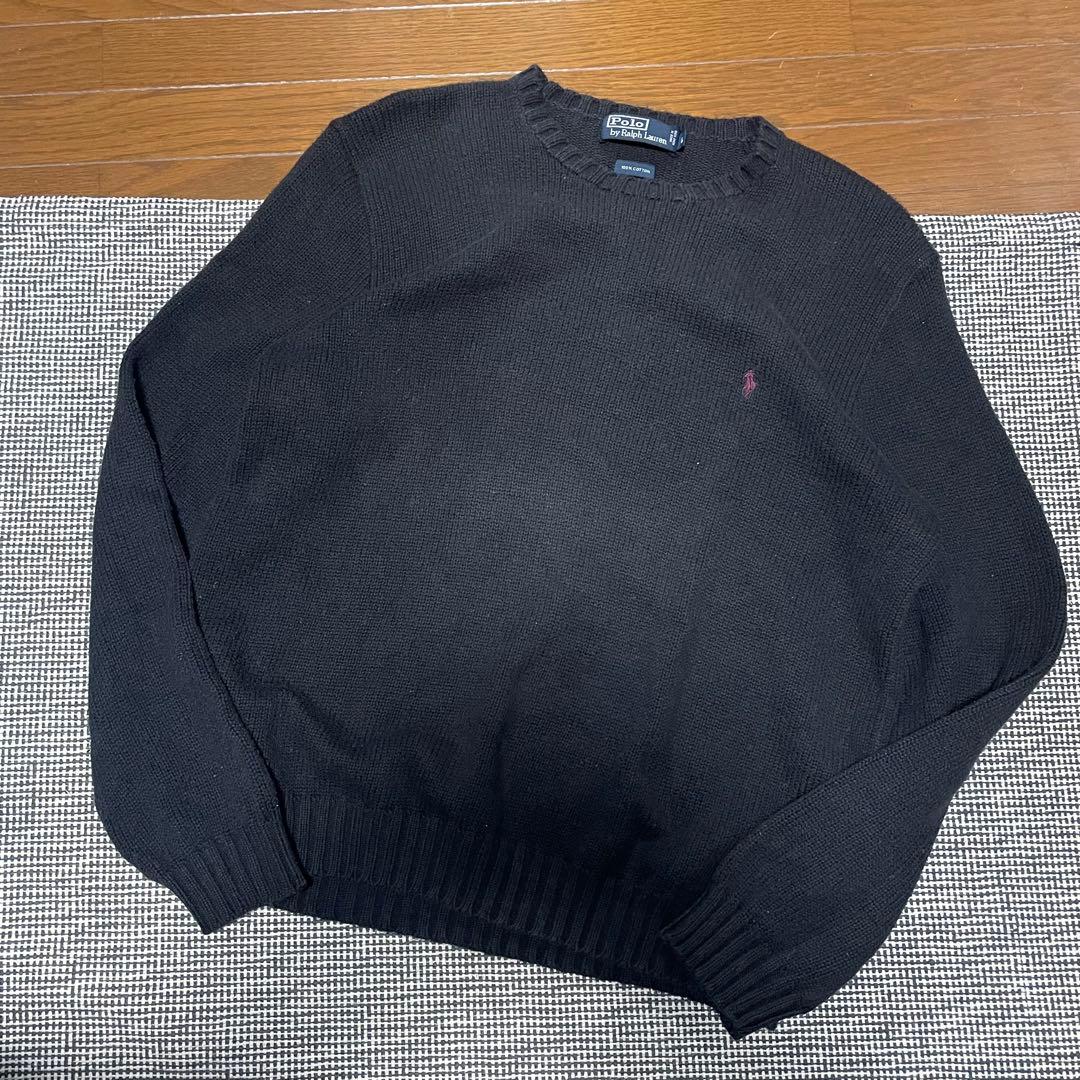 90s ポロ ラルフ ローレン コットンニット　ワンポイント　ブラック 90s ポロ ラルフローレン ワンポイント コットンニット セーター 黒 M
