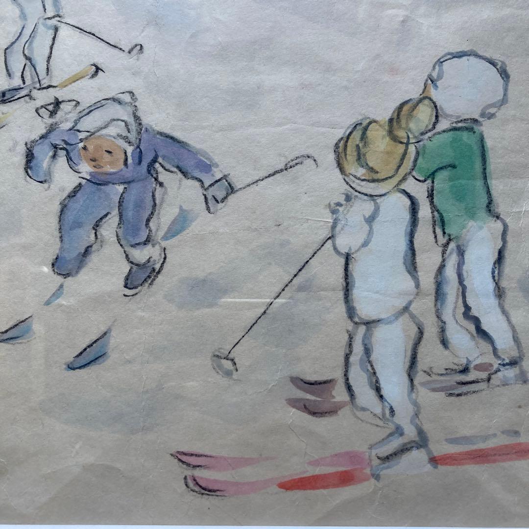 いわさきちひろ「少年スキーヤー」仮題 水彩額41.5×53絵￼25.5×31cm