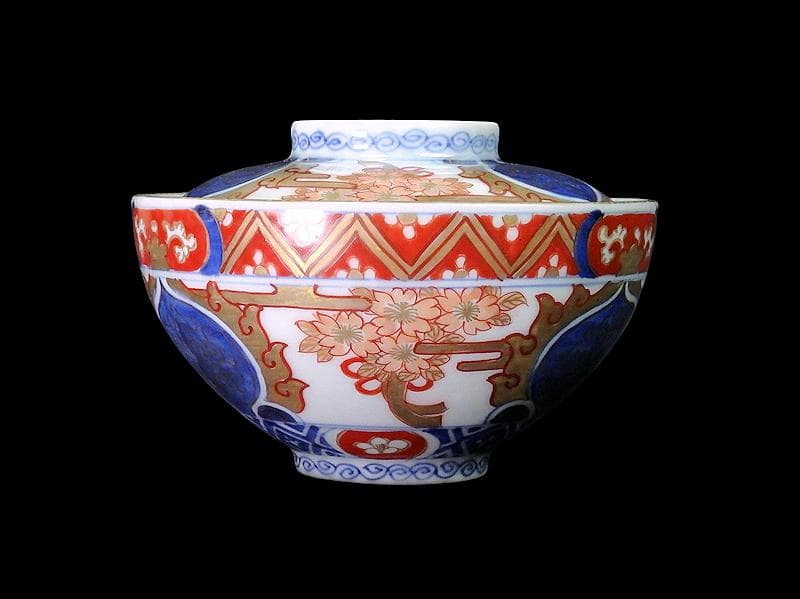 古伊万里 金襴手 桜花紋に光背の図 大振蓋茶碗 AS-DBz