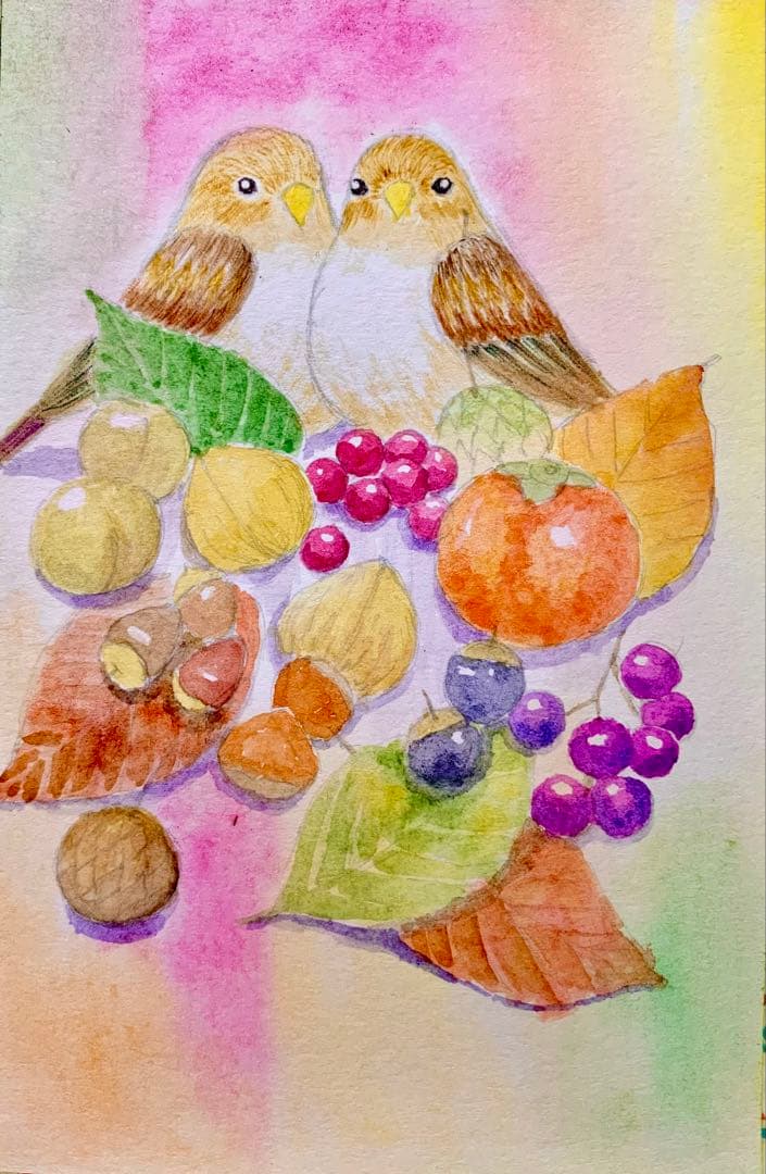 ♡たまみな♡水彩画 原画9枚レプリカ12枚鳥と花のアート作品