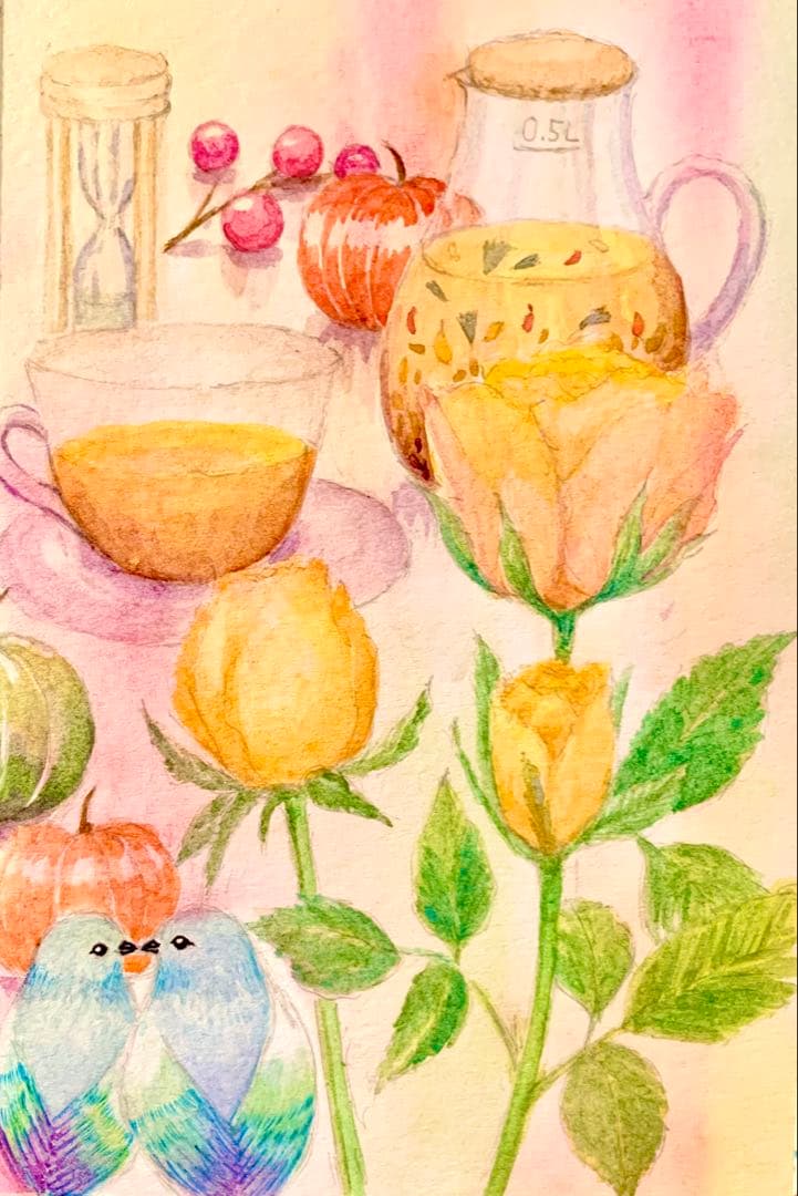♡たまみな♡水彩画 原画9枚レプリカ12枚鳥と花のアート作品