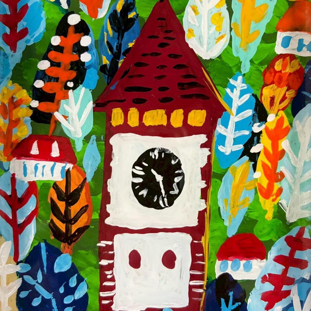 柚木沙弥郎「時計台の森」ガラス絵 肉筆 直筆サイン入 共シール 民藝