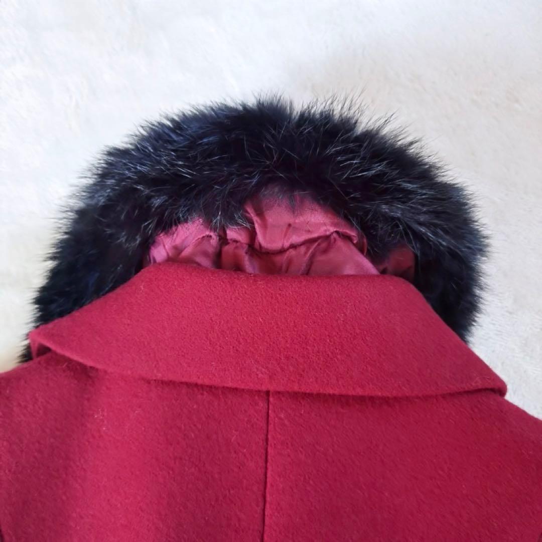 美品 アニエスベー ロングコート ギャザー Aライン ファー 総ロゴ 赤