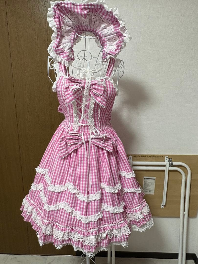 中国ロリータ♡ギンガムチェックジャンパースカート ボンネット、クリップ付 Cherry and Heart ギンガムチェックのジャンパースカート – ロリータ