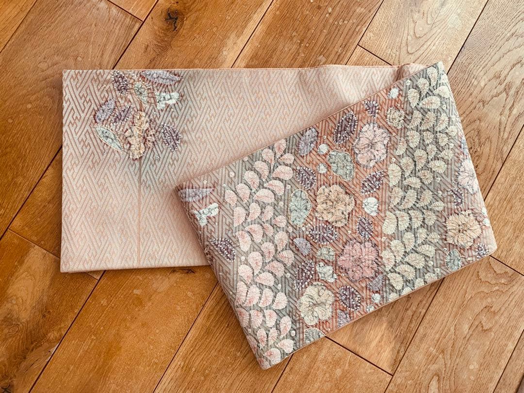 辻ヶ花柄 紗綾形地模様 袋帯 正絹 ピンクベージュ×銀糸 お太鼓柄