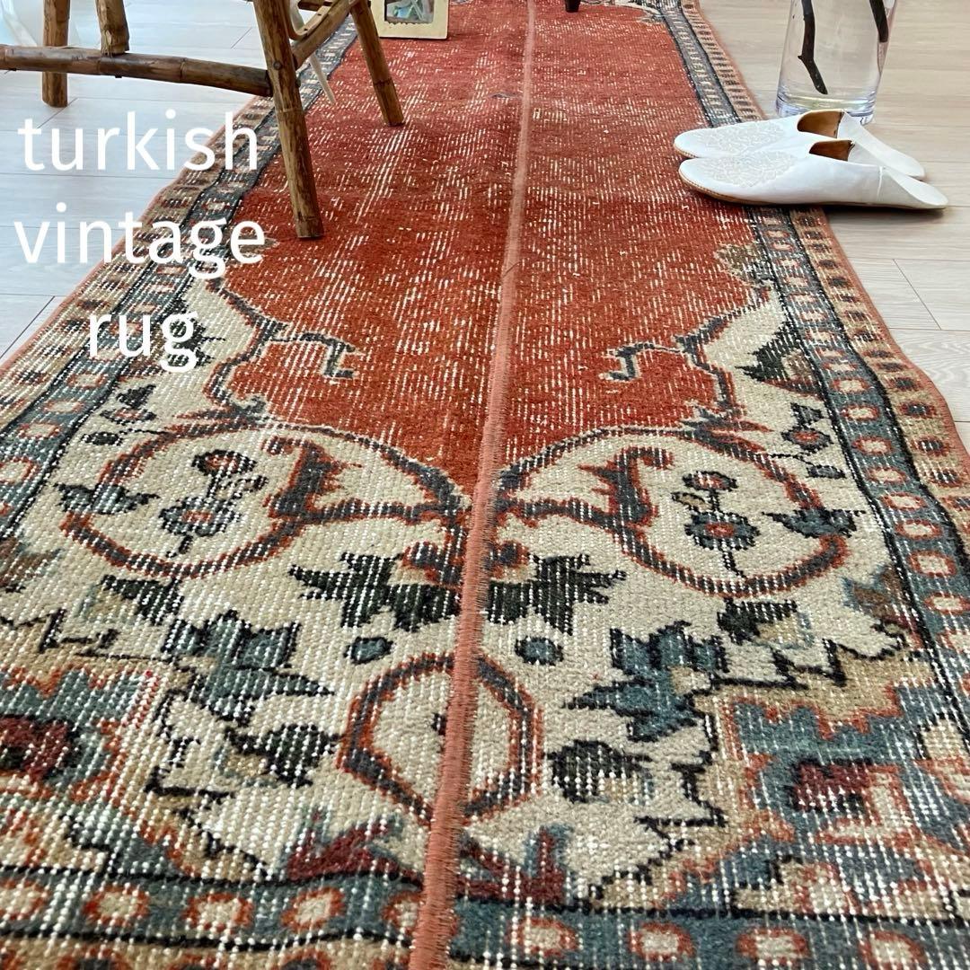 オレンジ✳︎65×187 ブルー パッチワークランナー トルコヴィンテージラグ