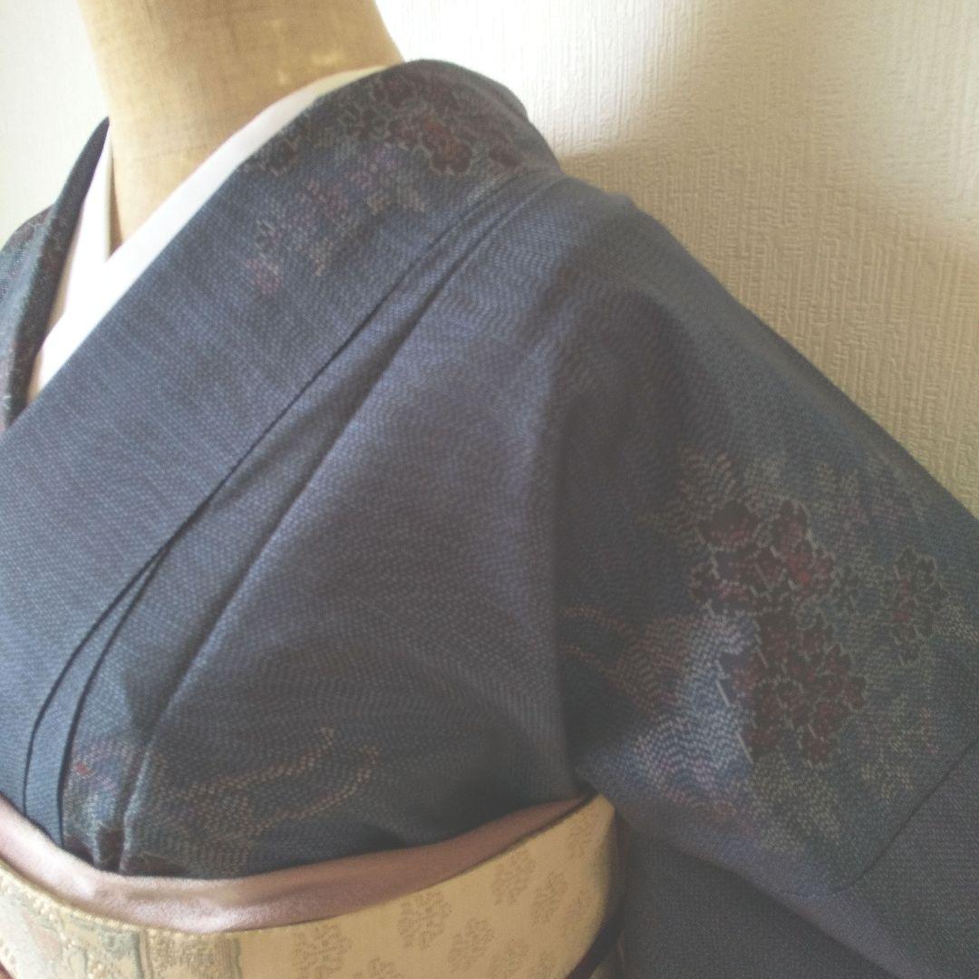 ent様専用・正絹・大島紬・紺系・地紋・花柄・袷・一部仕付け糸付き