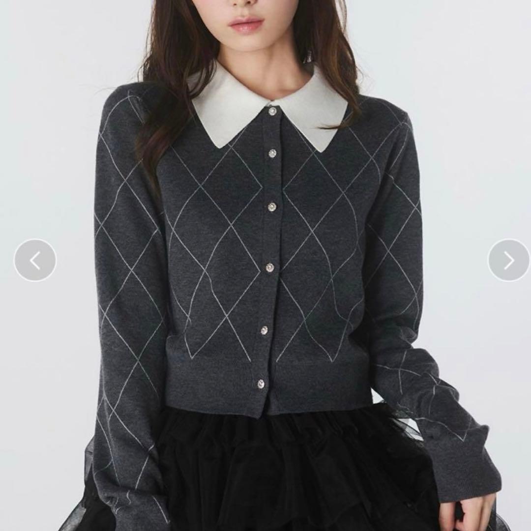 SNIDEL アーガイルチェックカーディガン グレー