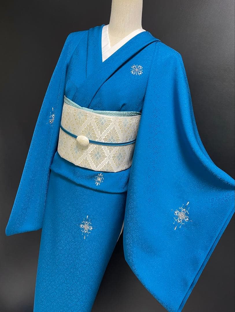 特選総刺繍飛び柄小紋着尺【総刺繍◇更紗紋意匠地】ターコイズブルー