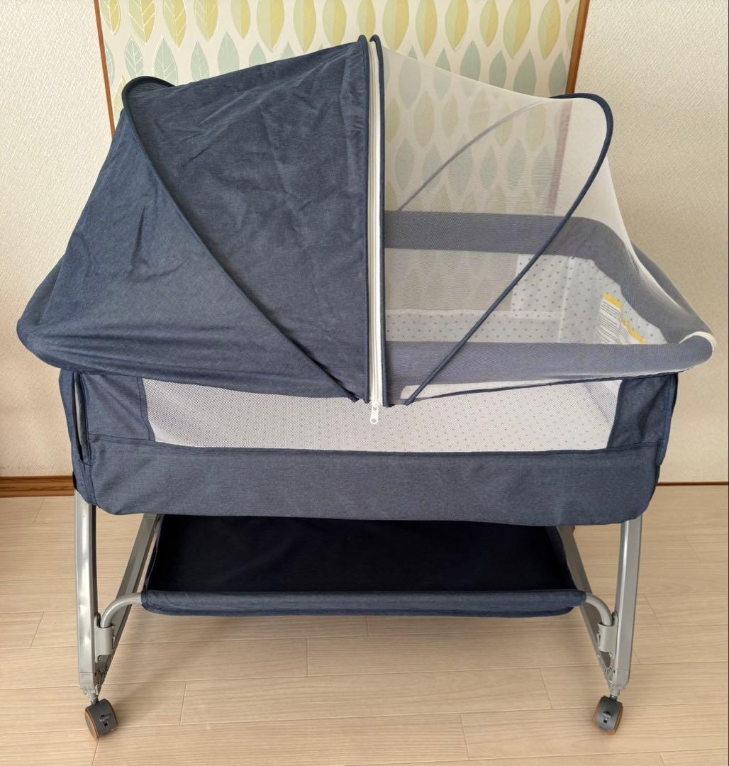 折りたたみ式ベビーベッド ★ブルー★美品★ ベビーベッド 添い寝 ベビーサークル 持ち運び 折りたたみ ゆりかご
