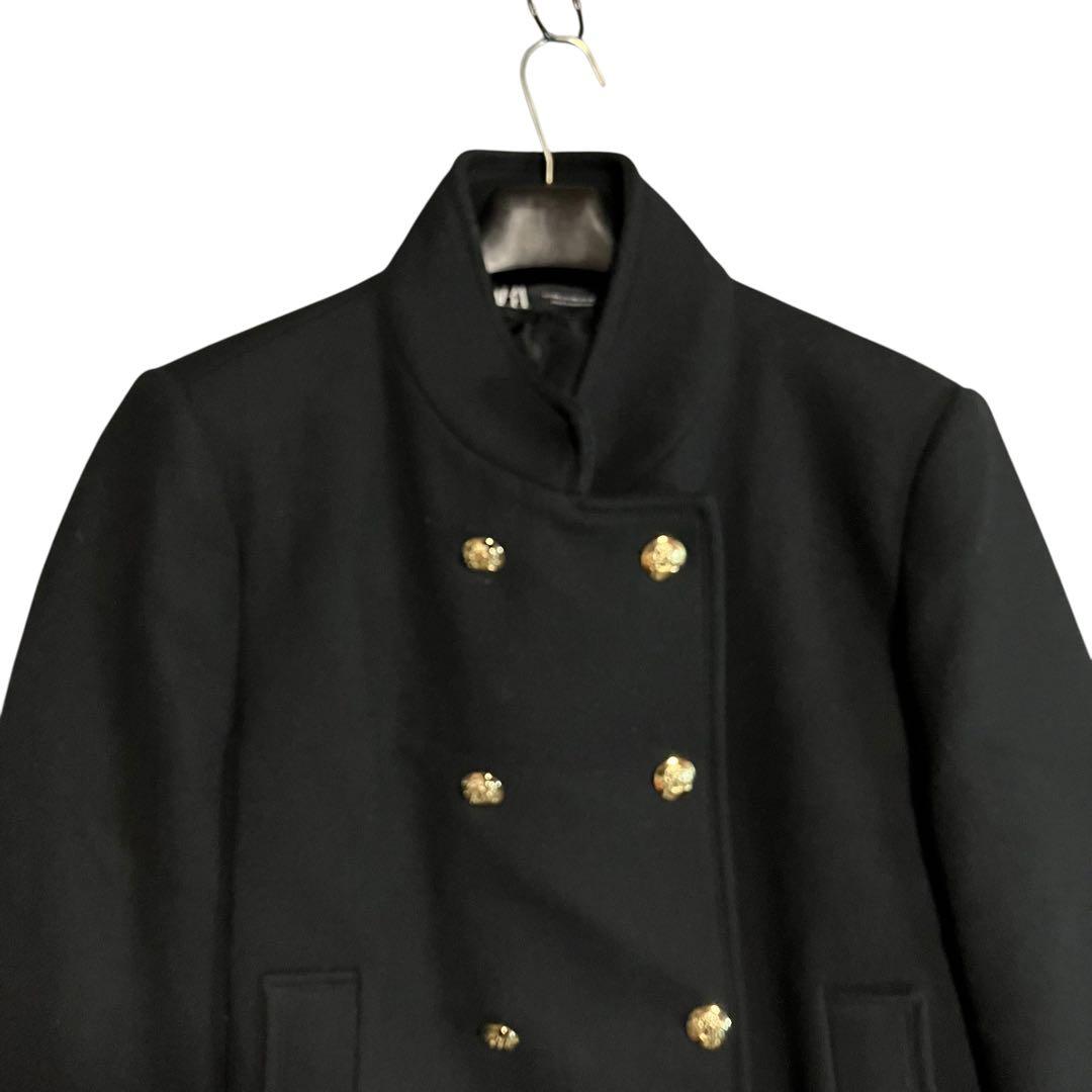 ZARA 】ハイネック ショート ダブルブレスト コート 金ボタン 黒 XXL