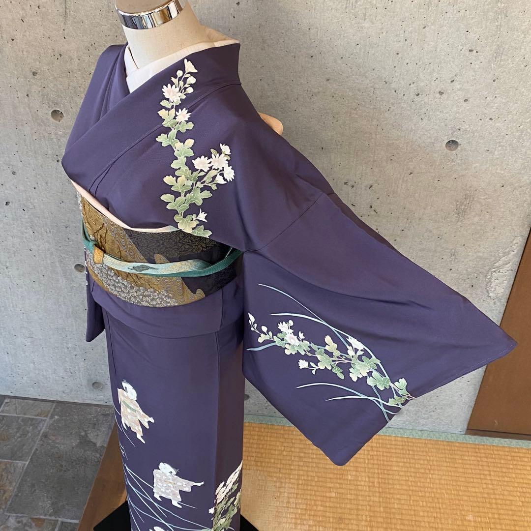 正絹 訪問着 童子柄 落款 一つ紋 紫系 袷 - メルカリ