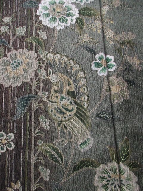 新古品！ふくれ織＊花唐草＆タテ柄＊松葉色＊紋無し＊訪問着