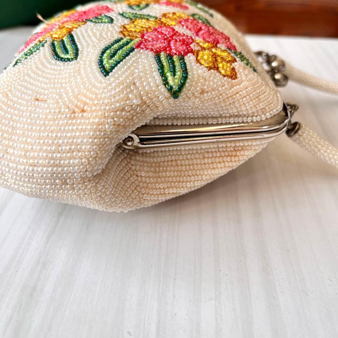 ビーズバッグ 総ビーズ 昭和レトロ ホワイト 花柄 ハンドバッグ - メルカリ
