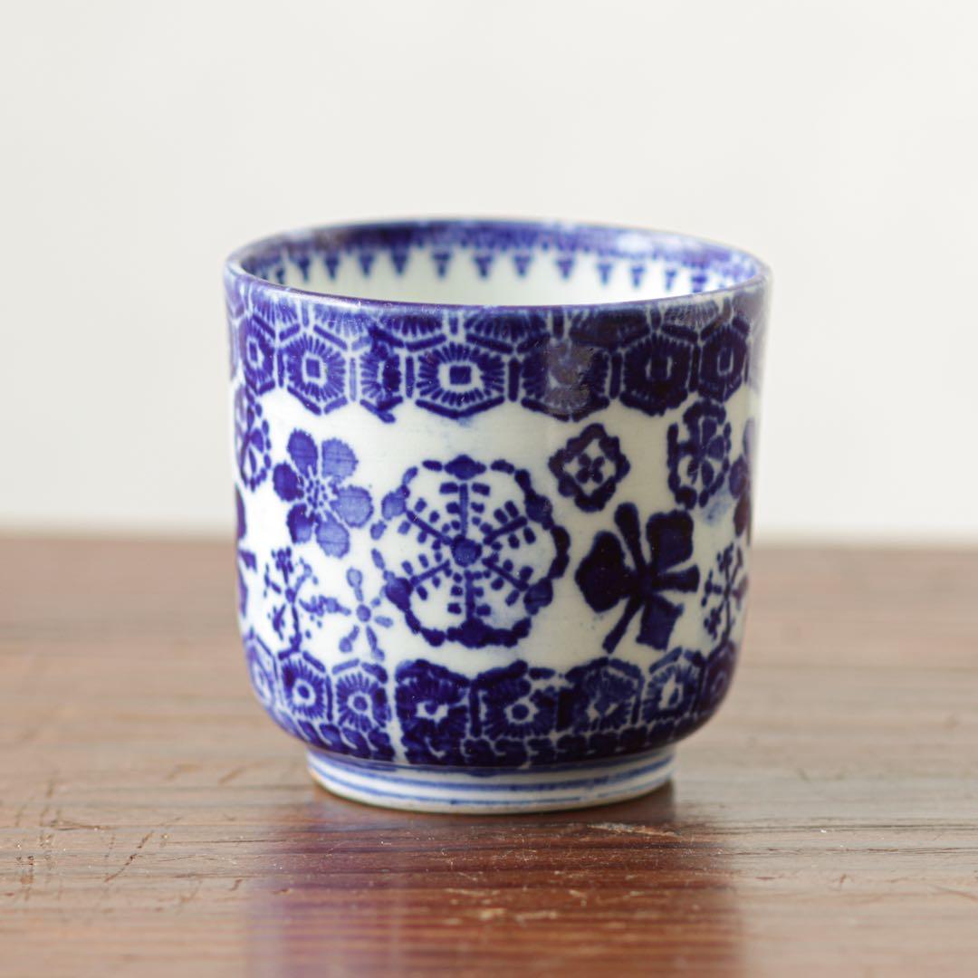 明治 大正 湯呑み 型紙摺 印判 雪輪 雪 結晶