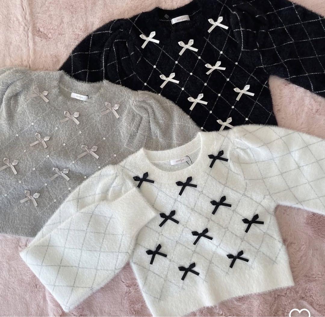 evelyn リボンクロップド丈ニット(アイスグレー) - メルカリ