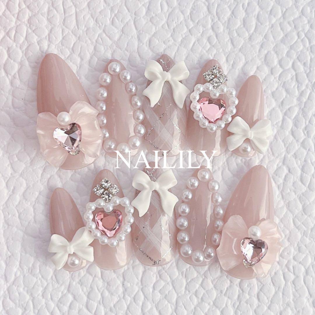 ネイルチップ ハート チェック リボン ガーリー 韓国 量産型 地雷系