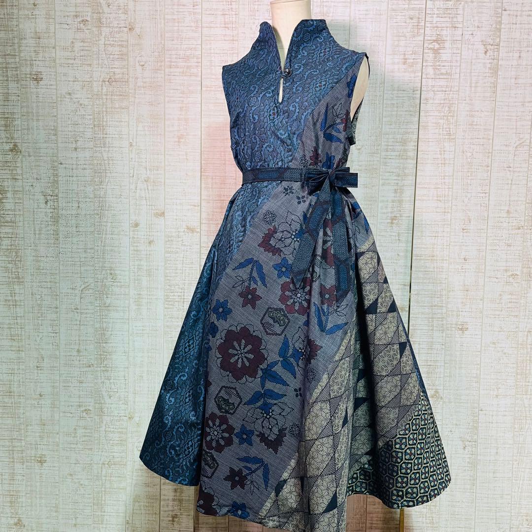 着物リメイク＊数種類の正絹大島紬で立ち襟＆テントラインワンピースM