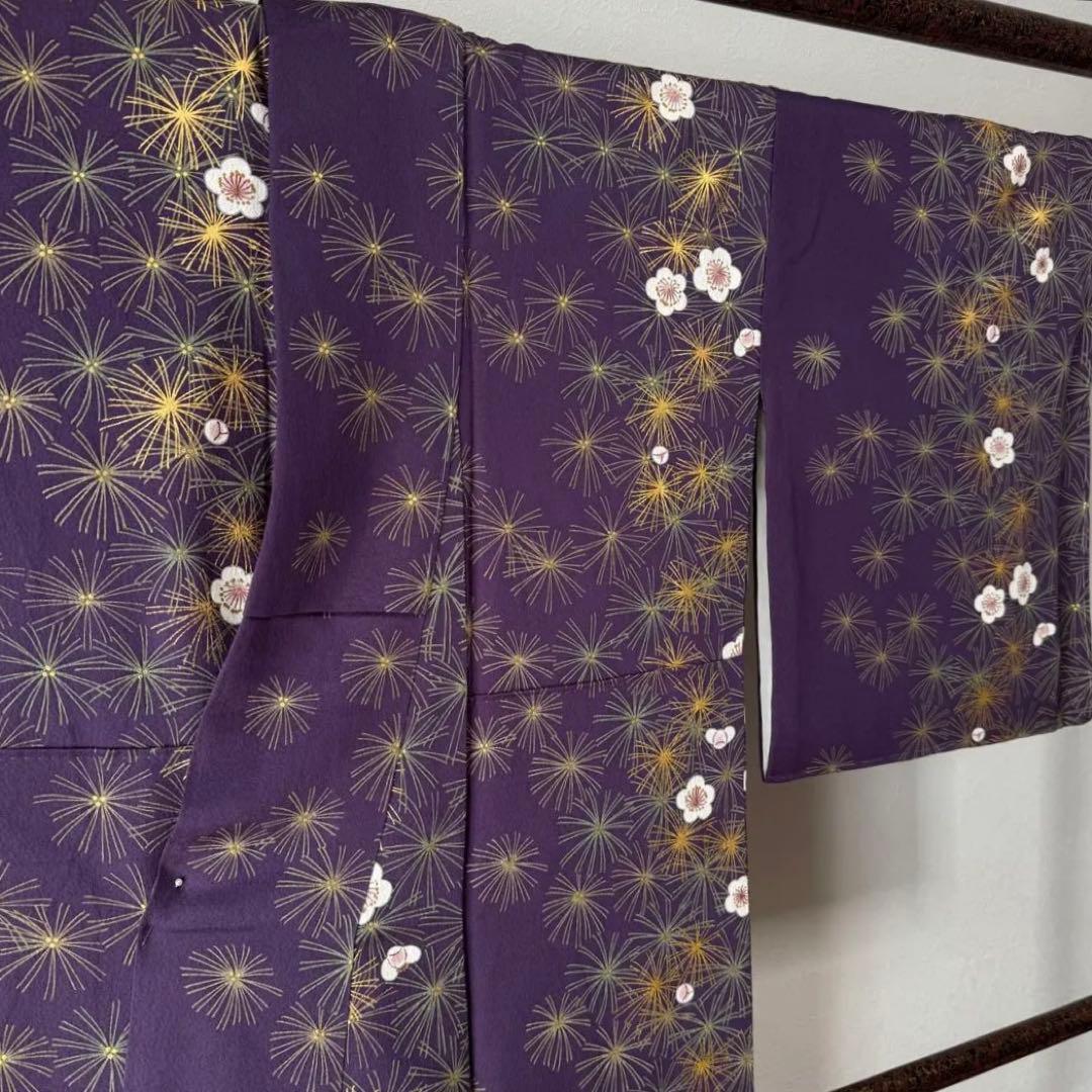 しつけ付き 正絹 やまと 小紋 着物 袷 165裄65 紫 梅 金彩 トール