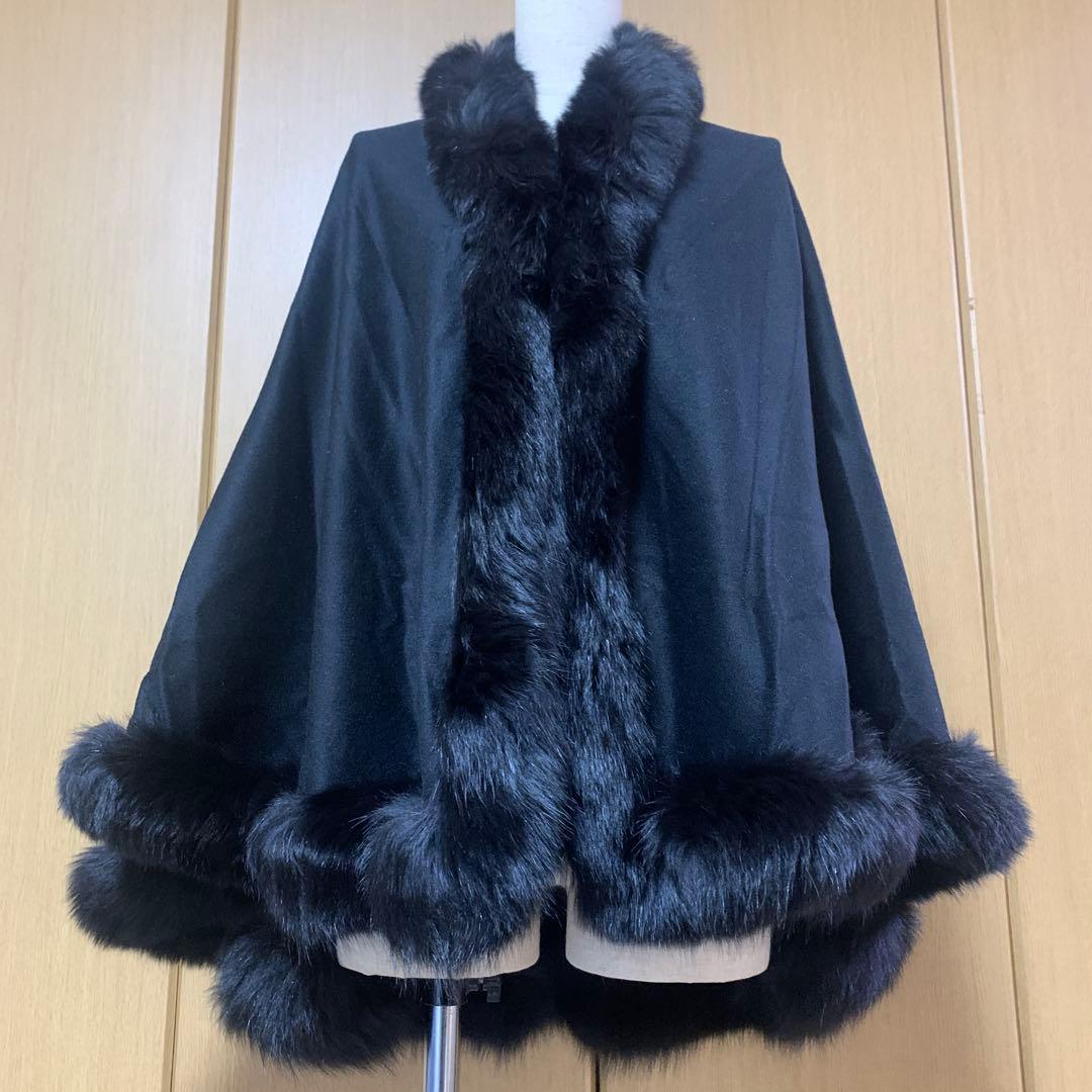 カシミヤ黒 フォックス付き ケープコート 楽天市場】【10%offクーポン】ケープ カシミヤ 100% ポンチョ フード