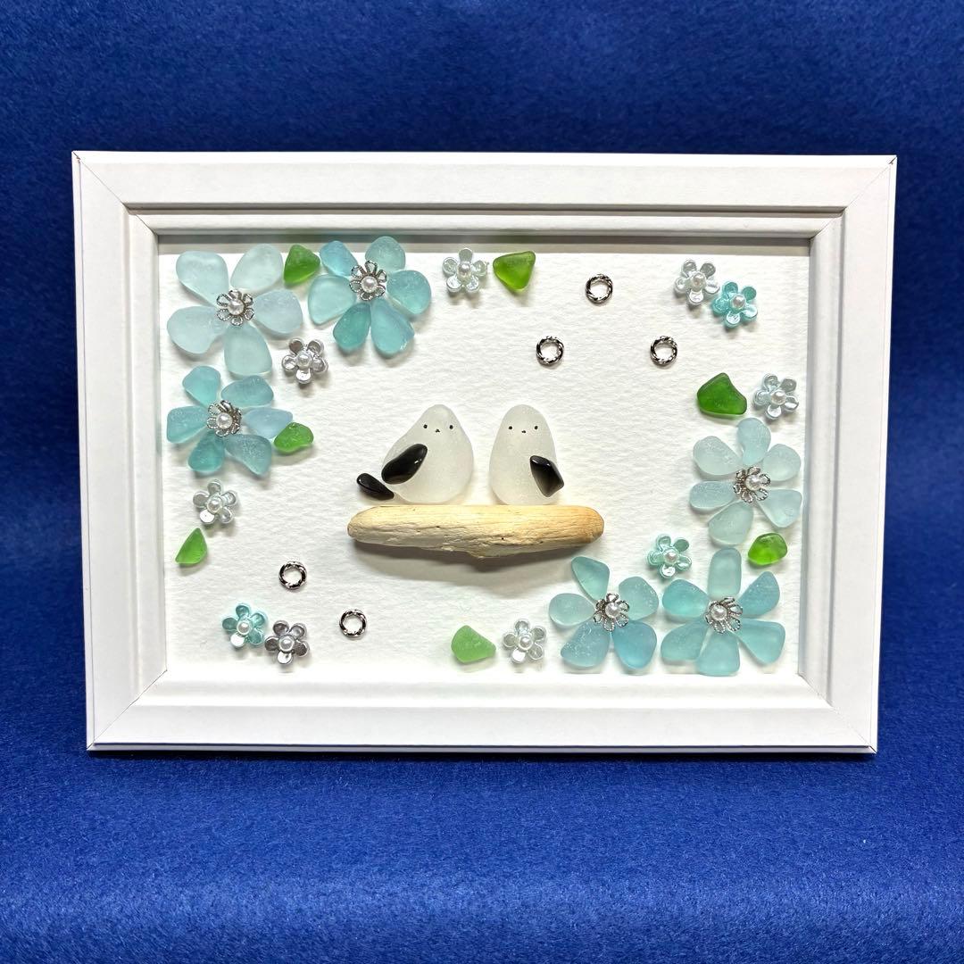 シーグラスアート 水色の花 シマエナガ - メルカリ