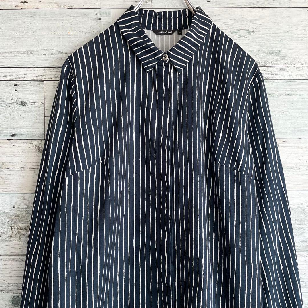 ☆美品☆マリメッコ シャツワンピース PICCOLO 縦縞 銀ボタン 比翼
