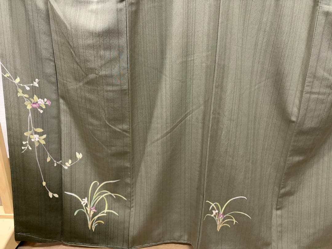 D 美品 十日町友禅 女流作家 遠田藤舟 花模様 緑 紬 正絹 袷