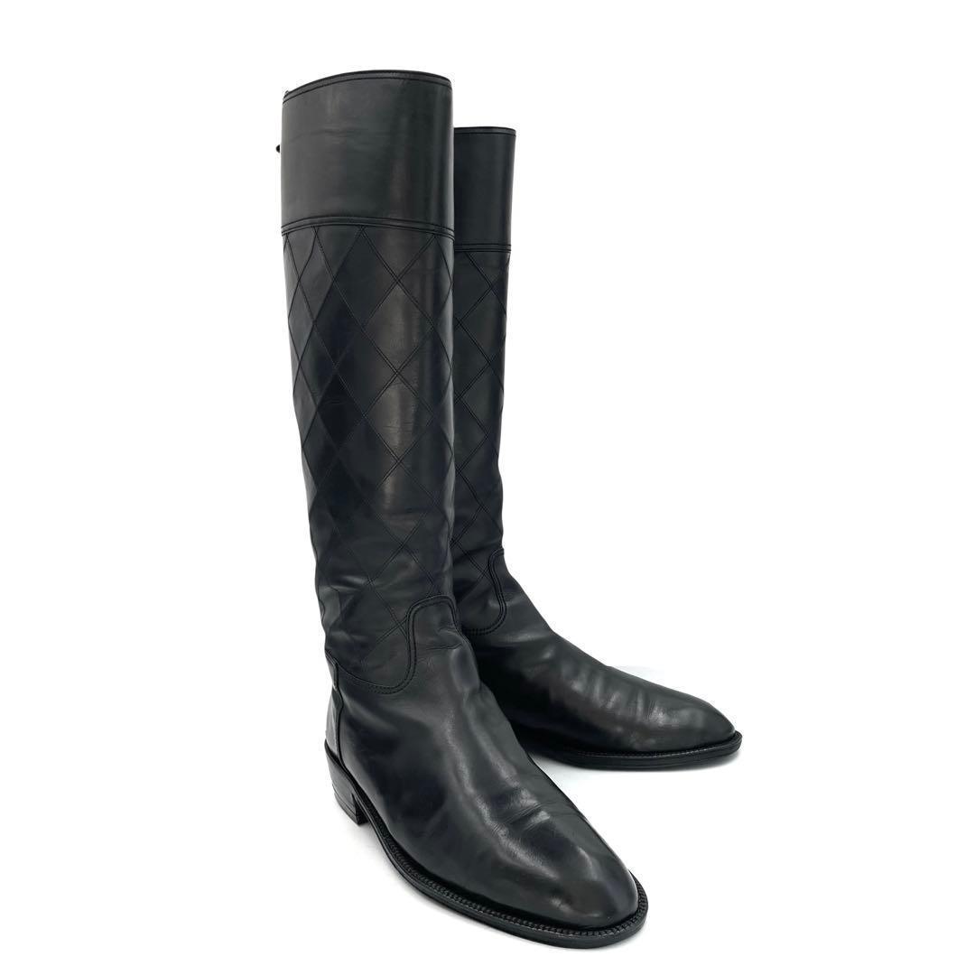 《超美品》シャネル ロングブーツ キルティング マトラッセ レザー 黒系 37