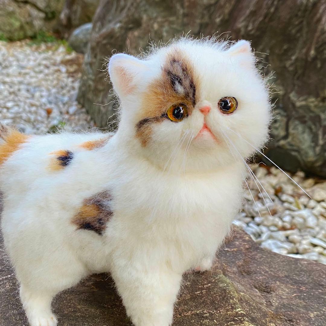 羊毛フェルト猫 全身タイプ リアル可愛い三毛のエキゾチックショート