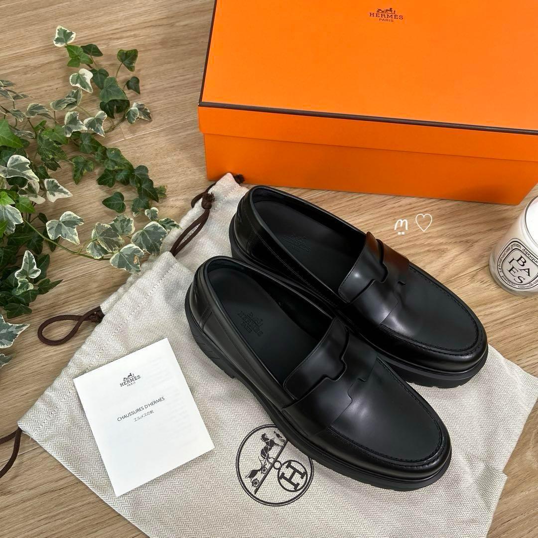 HERMES エルメス ヒッチ ローファー モカシン 37 23.5cmブラック