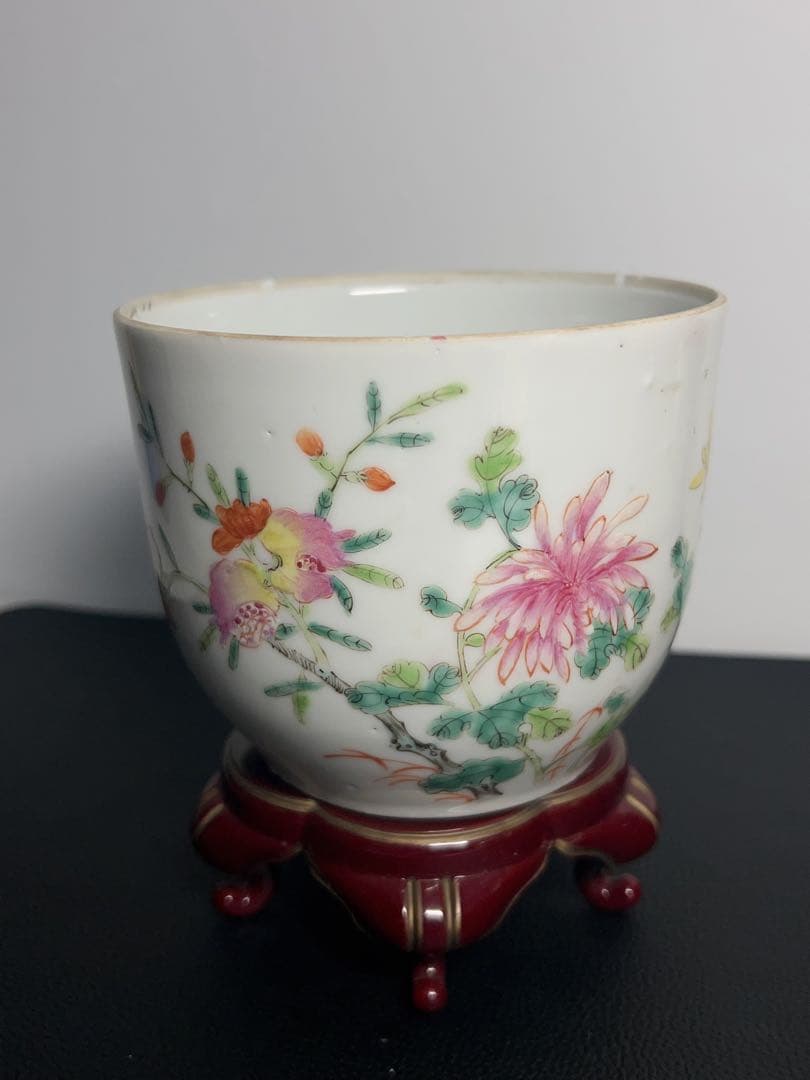 清時代粉彩茶入 陶磁器 花 茶道具 旧家整理品 中国古美術 専用箱