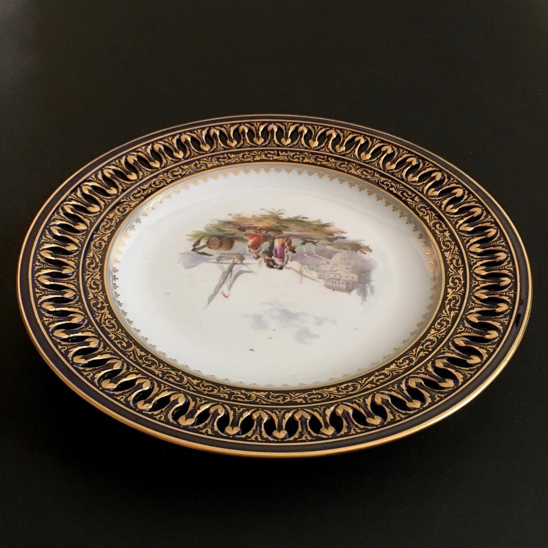 古マイセン 金彩 オランダ港湾風景 コバルト地 透かし絵皿 直径 23.5cm