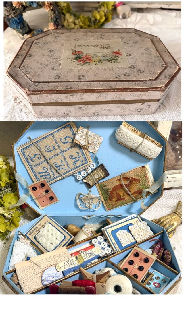 フランスアンティーク ソーイングセット 紙箱 レース 糸巻き レース ボタン フランスアンティーク | フランス DMC コットン製レース糸 10個セット