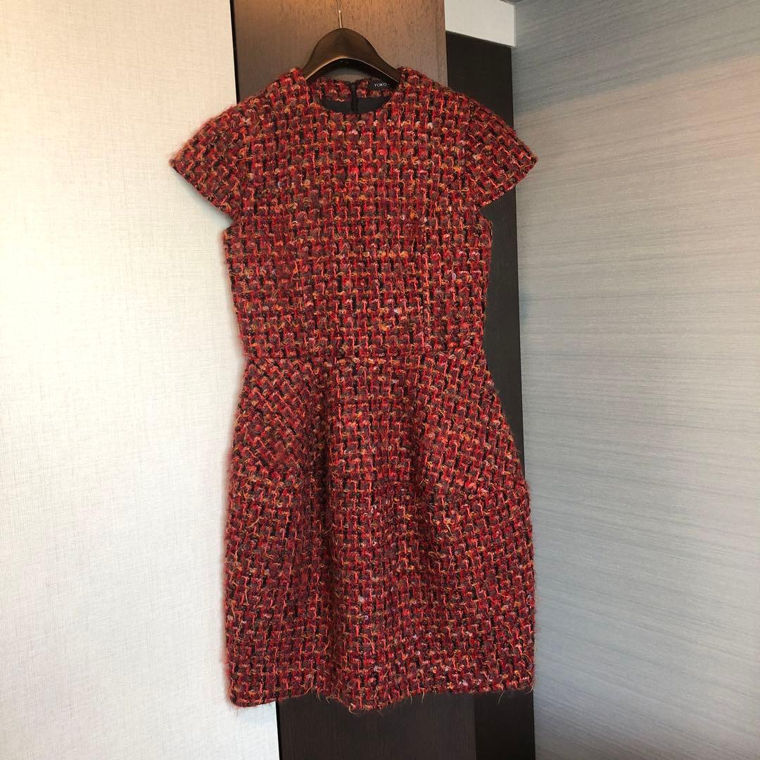 lemonsan 　YOKO CHAN♡36♡赤系ツイードひざ丈ワンピース レッドツイード切り替えAライン/山崎みどり - カラードレス