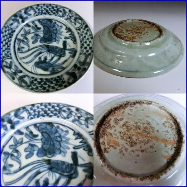 皿□中国明王朝期 花唐草 砂高台 鳳凰芙蓉文様 呉須染付皿 砂高台 古玩